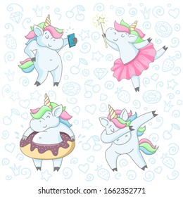 Set of four cute unicorns. Illustration in cartoon style on a background of hand-drawn doodles.