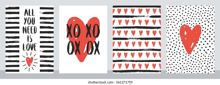 Set of four cute Valentine cards. Vector illustration.