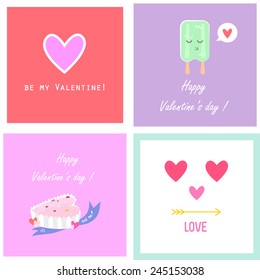 Set of four cute Valentines day card. Vector illustration.