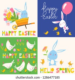 Set of four cute vector banners with easter spring symbols and lettering. Eater spring poster in cartoon style with rabbit, chickens and flowers.
