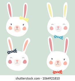 Set of four cute vector bunnies on the blue background. Great for nursery decor, playroom decor and baby shower greeting cards.