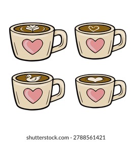 Set of four cute vector coffee cups with latte art and heart designs, isolated illustration