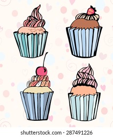 Set of four cute vector cupcakes decorated with cream and berries in delicate pink, beige and blue colors on soft pink background with dots and hearts.
