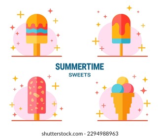 Set of four cute vector ice creams, summertime flat illustrations, collection of frozen snacks.