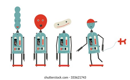 Set of four cute vintage robots