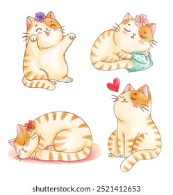 Conjunto de quatro gatos de aquarela bonito em várias poses com acessórios florais, perfeito para desenhos com tema de animais de estimação.