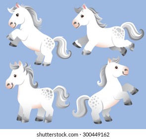 A set of four cute white cartoon horses standing, rearing up and jumping.