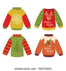 set of four cute winter sweaters with different design. Ugly winter sweaters set. Can be used for greeting cards, posters or stickers