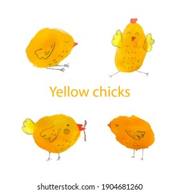 Set of four cute yellow watercolor chickens. Vector illustration. Set.