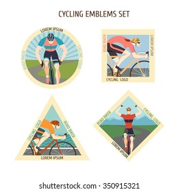 Set of four cycling emblems with racing cyclists. Fast road bikers illustration. Bicycle logo for your design.