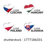 Set of four Czech, Hungarian, Polish and Slovak heart shaped stickers. I love Czech Republic, Hungary, Poland and Slovakia. Made in Poland. Simple icons with flags isolated on a white background
