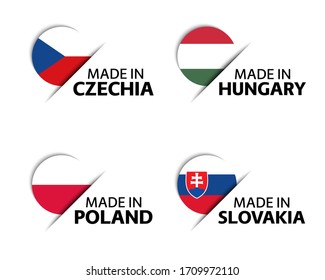 Set of four Czech, Hungarian, Polish and Slovak stickers. Made in Czech Republic, Made in Hungary, Made in Poland and Made in Slovakia. Simple icons with flags isolated on a white background