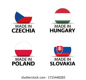 Set of four Czech, Hungarian, Polish and Slovak stickers. Made in Czech Republic, Made in Hungary, Made in Poland and Made in Slovakia. Simple icons with flags isolated on a white background