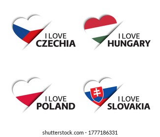 Set of four Czech, Hungarian, Polish and Slovak heart shaped stickers. I love Czech Republic, Hungary, Poland and Slovakia. Made in Poland. Simple icons with flags isolated on a white background
