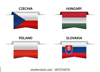 Set of four Czech, Hungarian, Polish and Slovak ribbons. Made in Czech Republic, Made in Hungary, Made in Poland and Made in Slovakia stickers and labels. Vector simple icons with flags