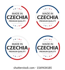 Set of four Czech icons, English title Made in Czechia, premium quality stickers and symbols, internation Czech Republic labels with stars, simple vector illustration isolated on white background