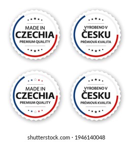 Set of four Czech labels. Made in Czechia In Czech Vyrobeno v Česku. Premium quality stickers and symbols with stars. Simple vector illustration isolated on white background