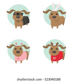 Set of four dachshund puppies dressed in dog dresses/costumes - zorro in cape and mask, bunny rabbit ears, pink dress with heart insignia and horns, red sweater and deer antlers. Vector illustration.