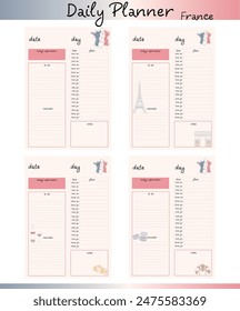 A set of four daily planner templates with a French theme. Each template includes sections for date, day, affirmation, to-do, reminder, plans, and notes.