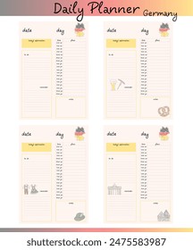 A set of four daily planner templates with a German theme. Each template includes sections for date, day, affirmation, to-do, reminder, plans, and notes.