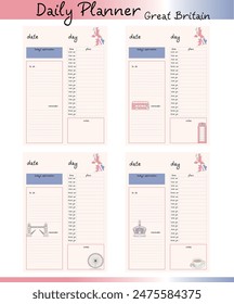 A set of four daily planner templates with a British theme. Each template includes sections for date, day, affirmation, to-do, reminder, plans, and notes.