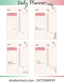 A set of four daily planner templates with a Italy theme. Each template includes sections for date, day, affirmation, to-do, reminder, plans, and notes.