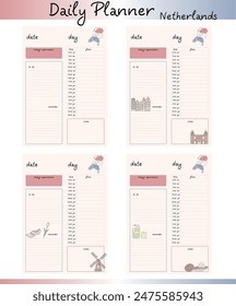 A set of four daily planner templates with a Netherlands theme. Each template includes sections for date, day, affirmation, to-do, reminder, plans, and notes.