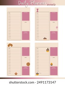 A set of four daily planner templates featuring a sweets theme, with sections for date, hourly schedule, reminders, notes, and daily affirmation. Ideal for adding a touch of fun to daily planning