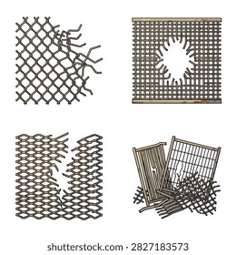 Set of Four Damaged Metal Wire Mesh Fences and Industrial Grid Panels