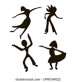 A set of four dancing people. Black silhouette. Drawing isolated on a white background. Stock vector illustration.