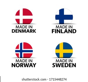 Set of four Danish, Finnish, Norwegian and Swedish stickers. Made in Denmark, Made in Finland, Made in Norway and Made in Sweden. Simple icons with flags isolated on a white background