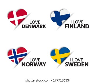 Conjunto de cuatro stickers daneses, finlandeses, noruegos y suecos con forma de corazón. Hecho en Dinamarca, Finlandia, Noruega y Suecia. Hecho en Dinamarca. Iconos simples con banderas aisladas en un fondo blanco