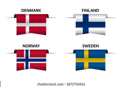 Set of four Danish, Finnish, Norwegian and Swedish ribbons. Made in Denmark, Made in Finland, Made in Norway and Made in Sweden stickers and labels. Vector simple icons with flags
