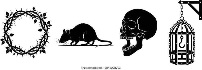 A set of four dark gothic vector icons featuring a crown of thorns, a rat, a human skull, and a medieval hanging cage.