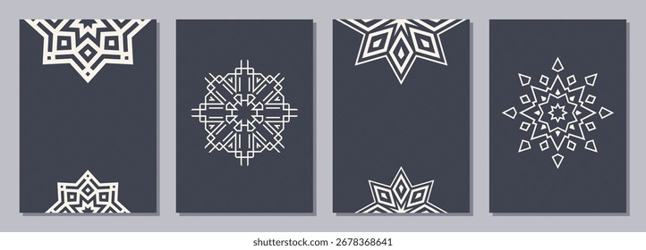 Set of four dark gray color cards or flyers with simple ethnic mandala ornament. Abstract mandala flyer design. Decorative pattern with ornate texture, tribal ethnic oriental motif. Vector design.