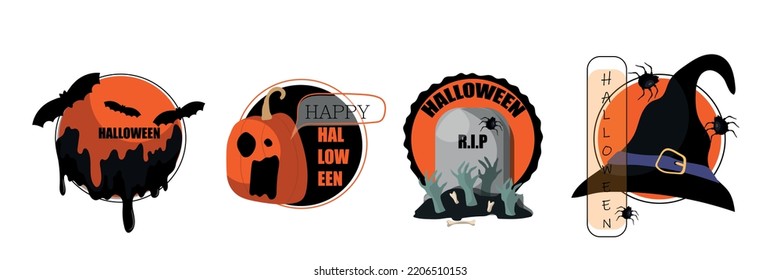 A set of four dark and orange stickers with bats, pumpkin, grave, witch hat. Isolated on white background.