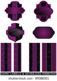 set of four dark purple labels with seamless ribbons