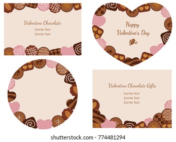 A set of four Valentine’s Day cards with various chocolates arranged as frames, vector illustration.