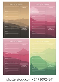 Un conjunto de planificadores de cuatro días en diferentes colores con un paisaje de montaña en un estilo abstracto. Contiene secciones para la programación, avisos y notas