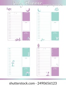 Conjunto de cuatro planificadores de día en menta y rosa con Elementos mágicos y naturales. Adecuado para la escuela, la universidad y la formación de hábitos.