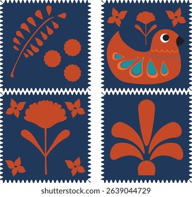 Set of four decorated tiles to print on textile, wax cloth, ceramic