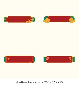 Set of four decorative banners in a traditional Asian style, featuring a red background, gold ornamentation, and floral and cloud-like design elements. The banners are rectangular 