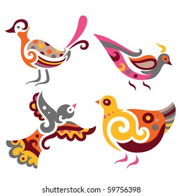 Conjunto de cuatro pájaros decorativos.