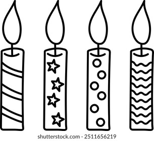Set of Four Decorative Birthday Candles with Unique Patterns and Flames
