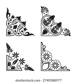 Set of four decorative black and white corner floral ornaments for frame design and borders