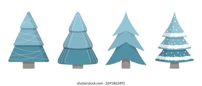 Set of four decorative Christmas trees in blue tones, flat style