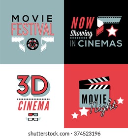 Set of four decorative compositions with cinema symbols and text.
Cinema theatre illustration for web, flyers, print design.