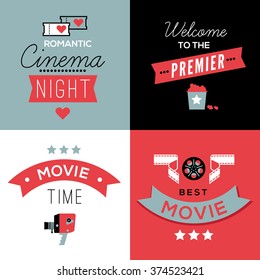 Set of four decorative compositions with cinema symbols and text.Cinema theatre illustration for web, flyers, print design.
