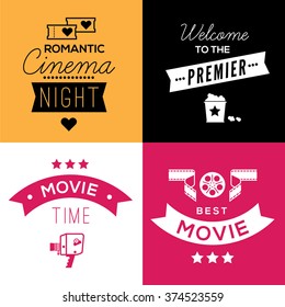 Set of four decorative compositions with cinema symbols and text.
Cinema theatre illustration for web, flyers, print design.