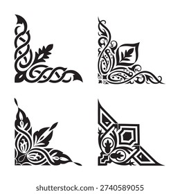 Set of four decorative corner borders in various vintage ethnic and geometric styles.